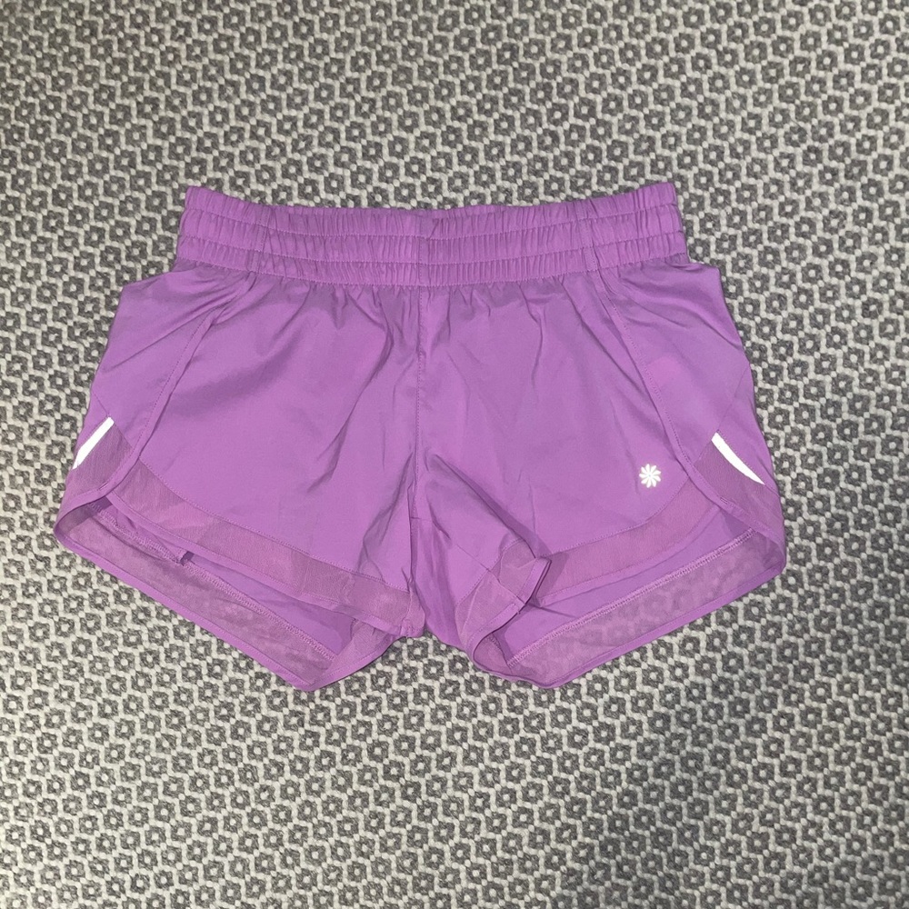 Purple 4’ Athleta mesh racer run shorts